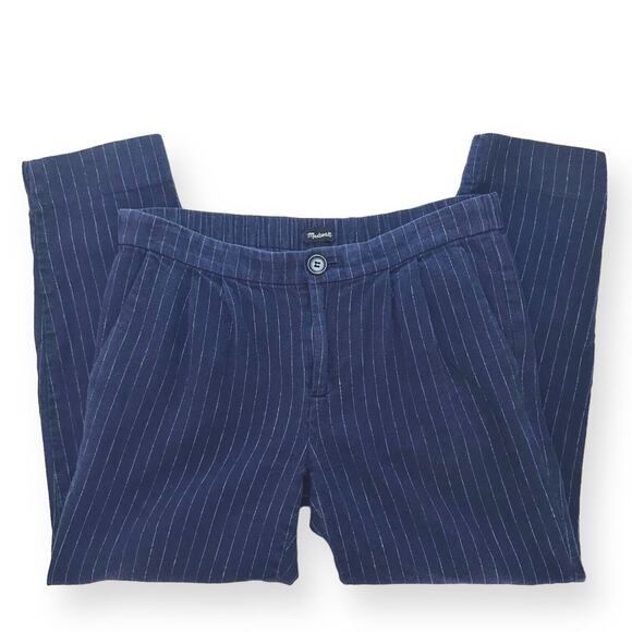MADEWELL Wool Linen Blend Takaroo Pleated Cigarette Pants Sporty Pinstripe Blue - Picture 12 of 13